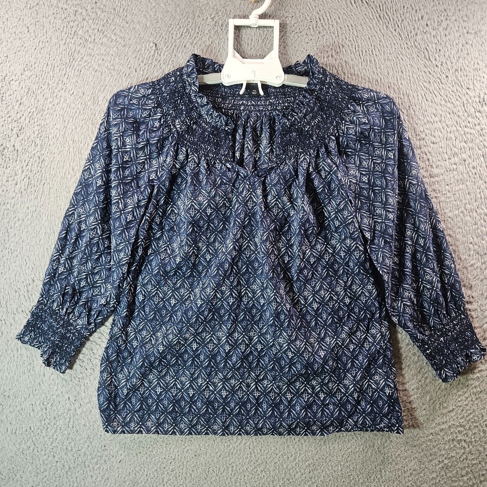 Talbots Top Blouse Women XS Split Neck Geometric Print Navy White